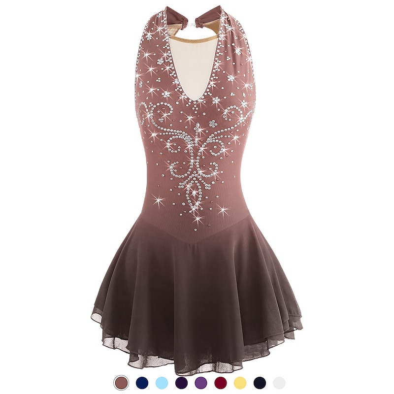 Figure Skating Dress Women's Girls' Ice Skating Dress Black White Yellow Patchwork Open Back Mesh Spandex High Elasticity Practice Competition Skating Wear Jeweled Rhinestone Sleeveless Ice Skating