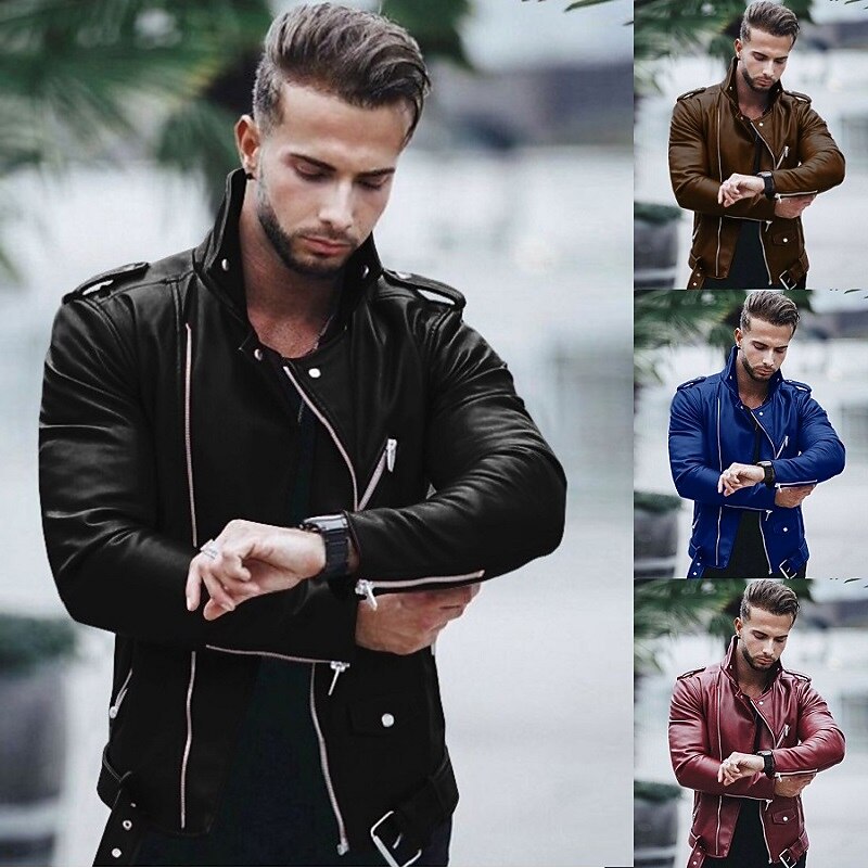 Men's Jacket Faux Leather Jacket Biker Jacket Motorcycle Jacket Business Daily Thermal Warm Windproof Pocket Fall Solid Color Streetwear Business Turndown Short Faux Leather Regular Fit Black Wine