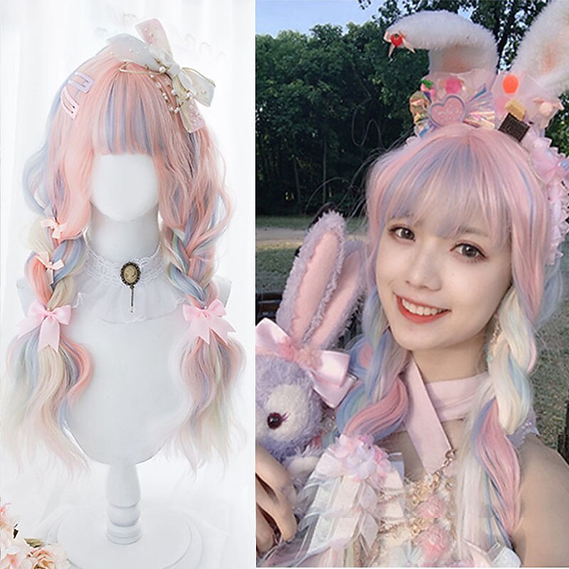 Long Ombre Colorful Synthetic Cosplay Lolita Harajuku Wig With Bangs Natural Wavy Wigs Pink Purple Blue Daily Wigs Halloween Wigs2