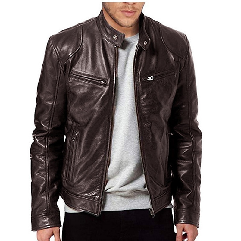 Men's Faux Leather Jacket Transition Jacket Biker Jacket Street Casual Thermal Warm Windproof Zipper Spring Fall Solid Color Pocket Vintage Fashion Stand Collar Regular Faux Leather Slim Fit Silver3