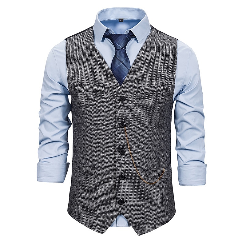 Men's Vest Waistcoat Wedding Daily Sporty 1920s Fall Pocket Polyester Thermal Warm Solid Color Single Breasted V Neck Regular Fit Black Coffee Gray Vest4