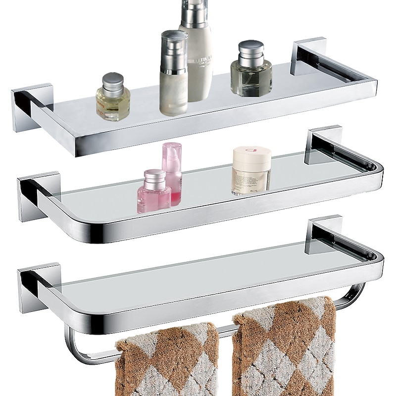 Shower Caddy 8mm Tempered Glass Toilet Shelf Bathroom Cosmetics Toiletries Storage Layer Shelf Thickened 304 Stainless Steel Mirror Bright Light Color, Various Specifications Are Available3