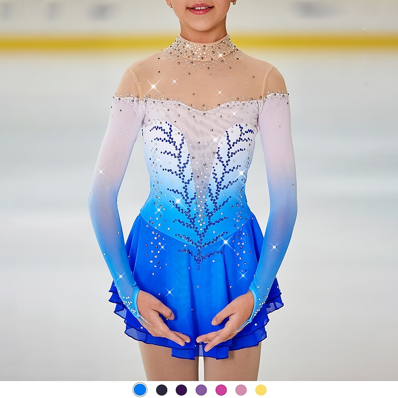 Figure Skating Dress Women's Girls' Ice Skating Dress Outfits Light Yellow Yan pink Dark Purple Open Back Halo Dyeing Mesh Spandex High Elasticity Competition Skating Wear Handmade Jeweled Rhinestone2