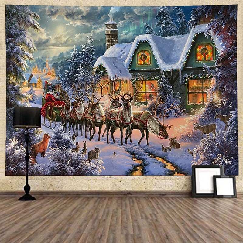 Wall Tapestry Winter Wonderland Reindeer Art Decor Photography Background Hanging Bedroom Living Room Decoration Tree Snowflake Candle Gift Fireplace
