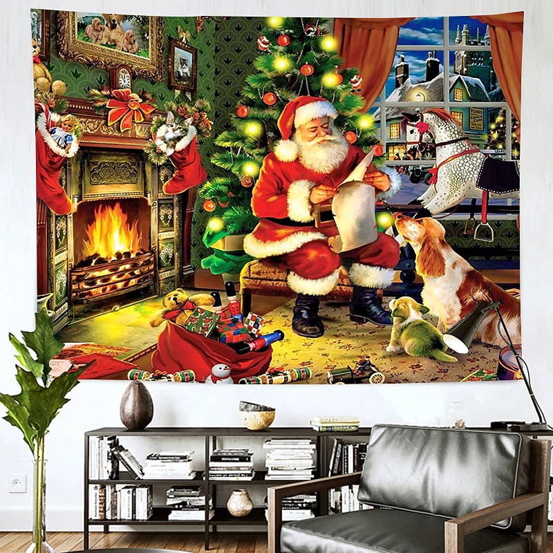 Christmas Decorations Santa Claus Holiday Party Xmas Large Wall Tapestry Photo Background Backdrop Art Decor Photo Background Home Bedroom Living Room Tree Snowman Elk Snowflake Candle Gift Fireplace4