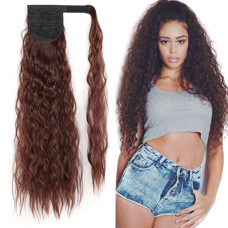 Corn Wavy Long Ponytail Synthetic Hairpiece Wrap on Clip Hair Extensions Ombre Brown Pony Tail Blonde Fake Hair