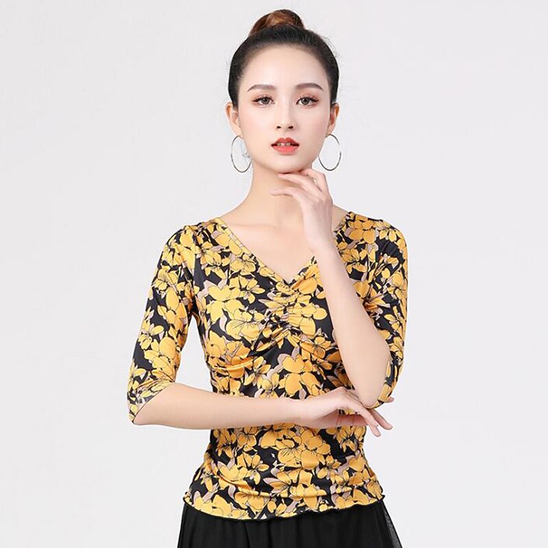 Latin Dance Ballroom Dance Top Printing Women's Training Performance Half Sleeve Polyester2