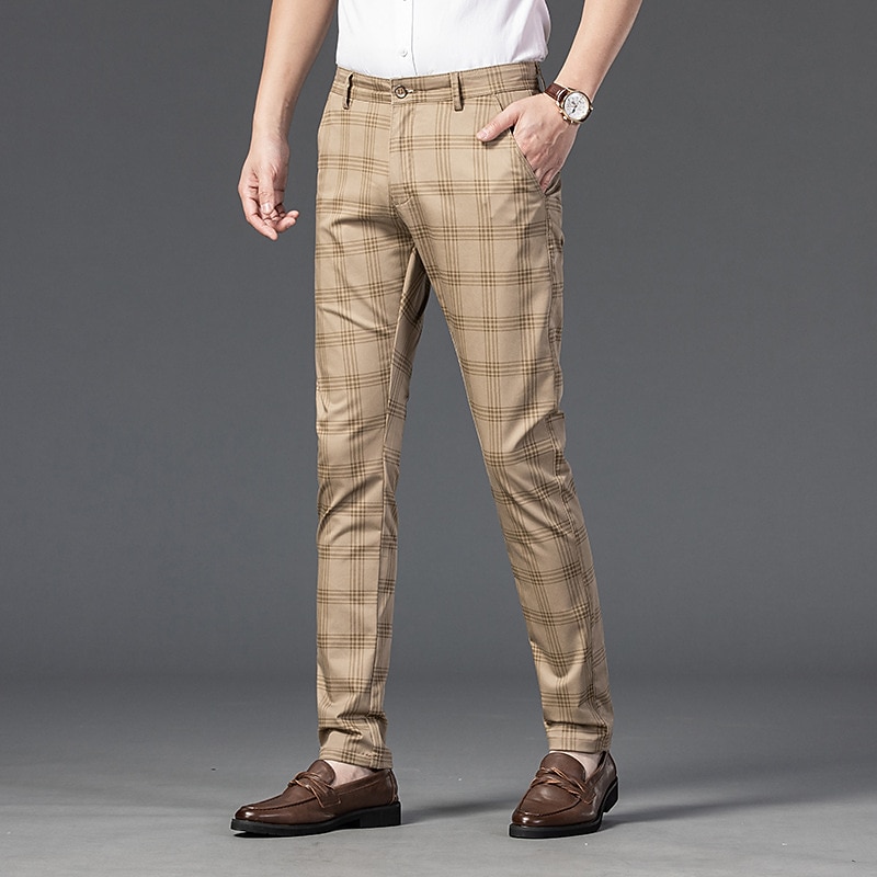 Men's Trousers Chinos Pants Trousers Jogger Pants Plaid Dress Pants Pocket Classic Straight Leg Lattice Comfort Outdoor Full Length Formal Business Daily Stretch Smart Casual Black Wine Micro-elastic