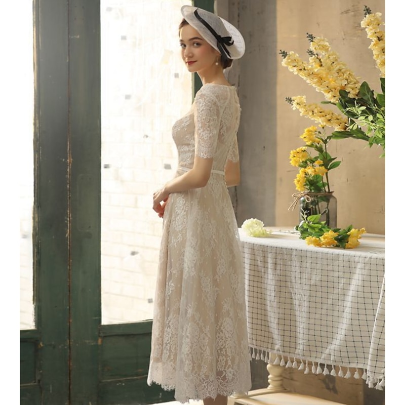 Reception Little White Dress Bridal Shower Dresses Wedding Dresses in Color Wedding Dresses A-Line Illusion Neck Half Sleeve Tea Length Lace Bridal Gowns With Sash / Ribbon Appliques4