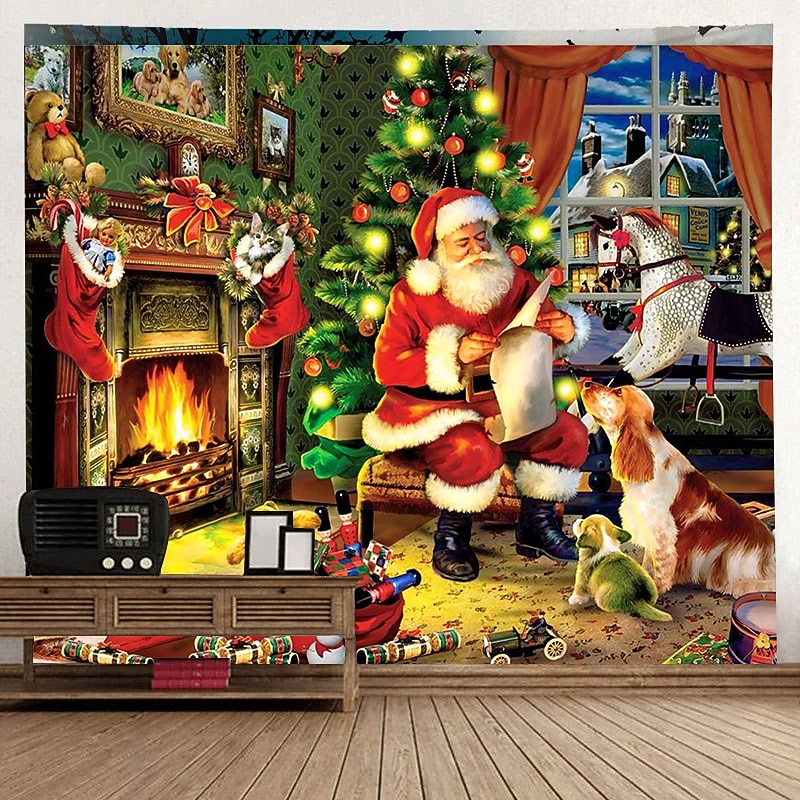 Christmas Decorations Santa Claus Holiday Party Xmas Large Wall Tapestry Photo Background Backdrop Art Decor Photo Background Home Bedroom Living Room Tree Snowman Elk Snowflake Candle Gift Fireplace3