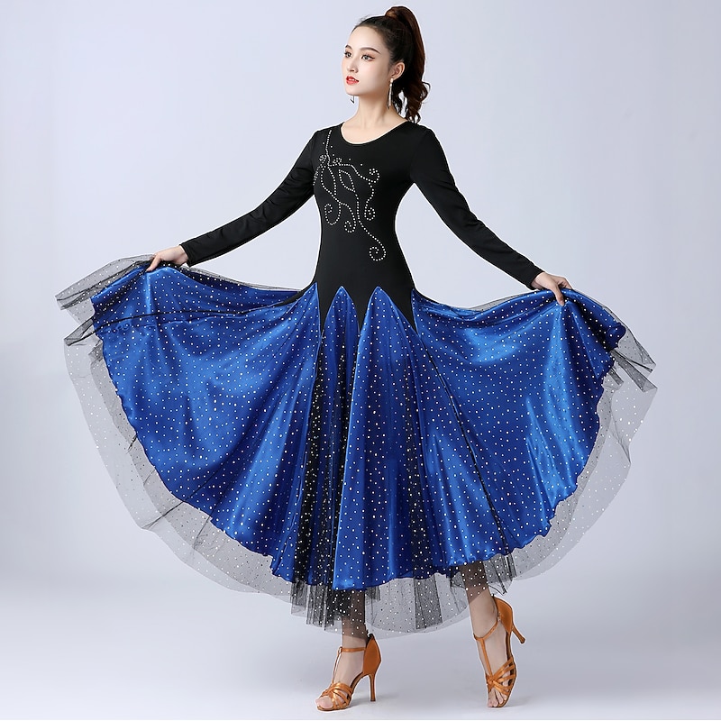 Ballroom Dance Dress Splicing Tulle Women's Training Performance Long Sleeve High Tulle Polyester3