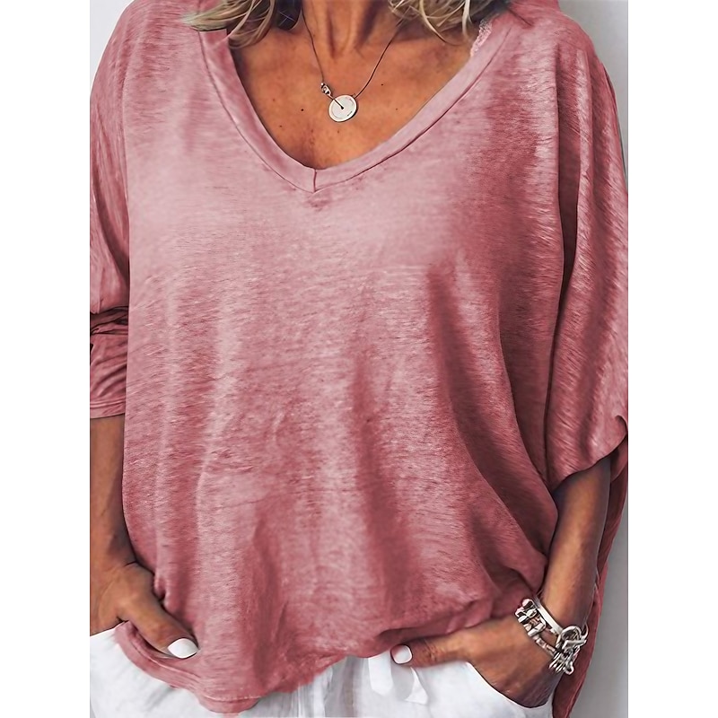 Women's Plus Size T Shirt Plain Basic Casual Short Sleeve V Neck Vacation Daily Sports White Pink Brown khaki Gray Spring Fall