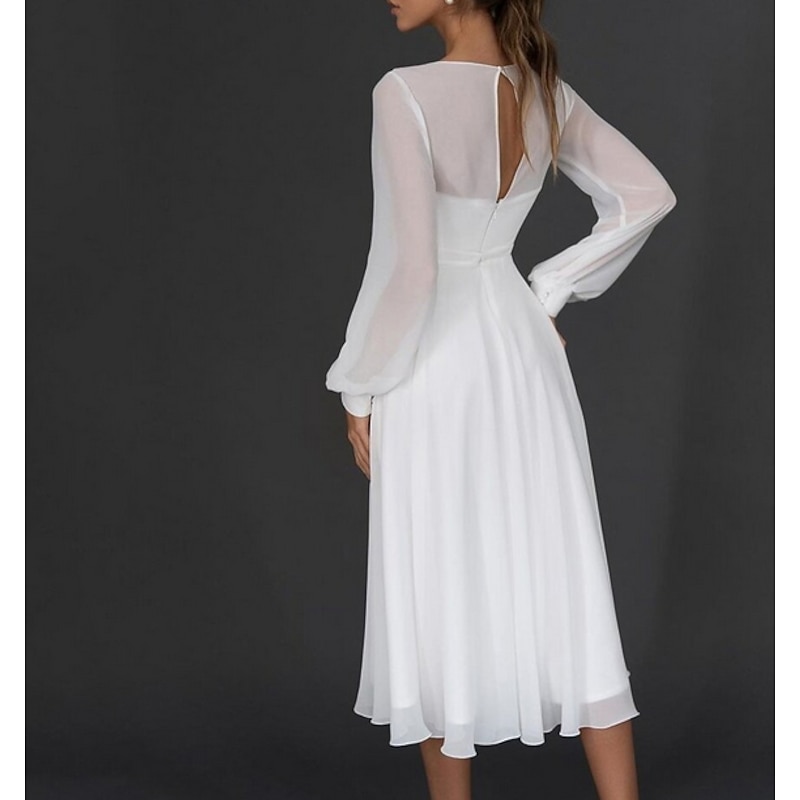 Reception Little White Dress Bridal Shower Dresses Wedding Dresses A-Line V Neck Long Sleeve Tea Length Chiffon Bridal Gowns With Pleats3