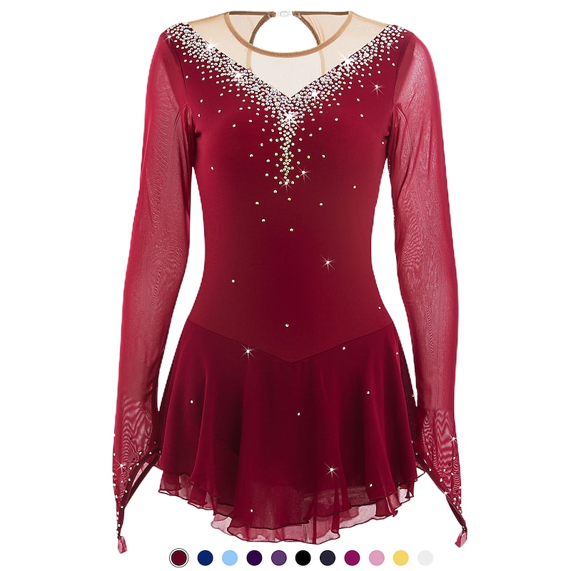 Figure Skating Dress Women's Girls' Ice Skating Dress Light Blue Black White Patchwork Mesh High Elasticity Competition Skating Wear Jeweled Rhinestone Long Sleeve Ice Skating Figure Skating