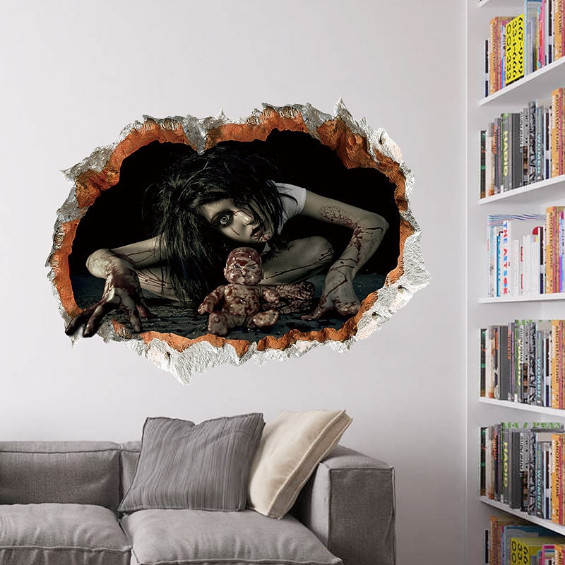 2pcs Halloween Wall Stickers Horror 3d Three-Dimensional Wall Stickers Bedroom Living Room Decoration Broken Wall Ghost Waterproof Removable Wall Stickers