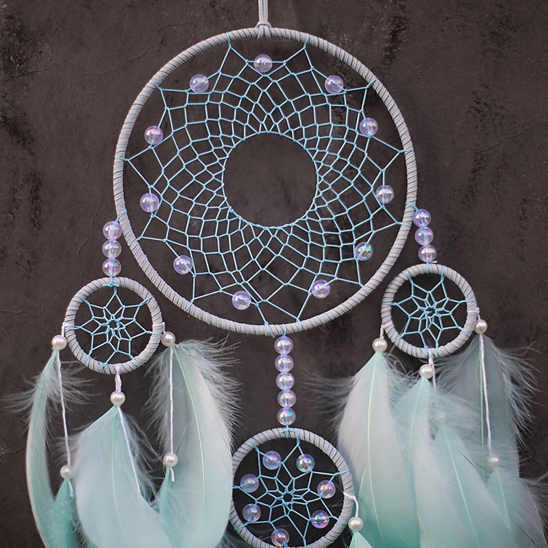 Dream Catcher Handmade Gift  with 5 Circles Feather Bead Flower Wall Hanging Decor Art Boho Style 16*70cm4
