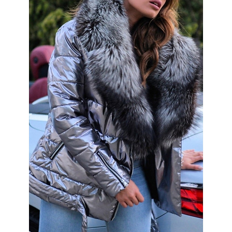 Women's Winter Jacket Puffer Jacket Casual Daily Winter Regular Coat Turtleneck Loose Fit Warm Casual Jacket Long Sleeve Solid Colored Fur Trim Silver Gray Black4