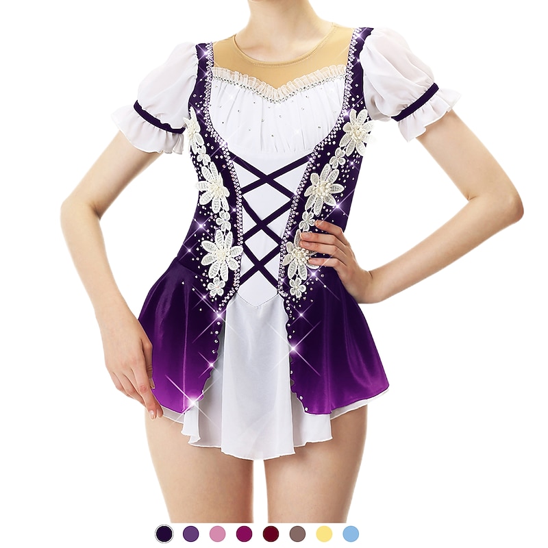 Figure Skating Dress Women's Girls' Ice Skating Dress Outfits Dark purple Dark Red Sky Blue Patchwork Flower Spandex Lace High Elasticity Professional Competition Skating Wear Fashion Short Sleeve