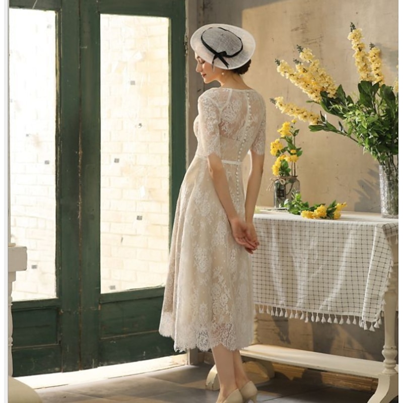 Reception Little White Dress Bridal Shower Dresses Wedding Dresses in Color Wedding Dresses A-Line Illusion Neck Half Sleeve Tea Length Lace Bridal Gowns With Sash / Ribbon Appliques2