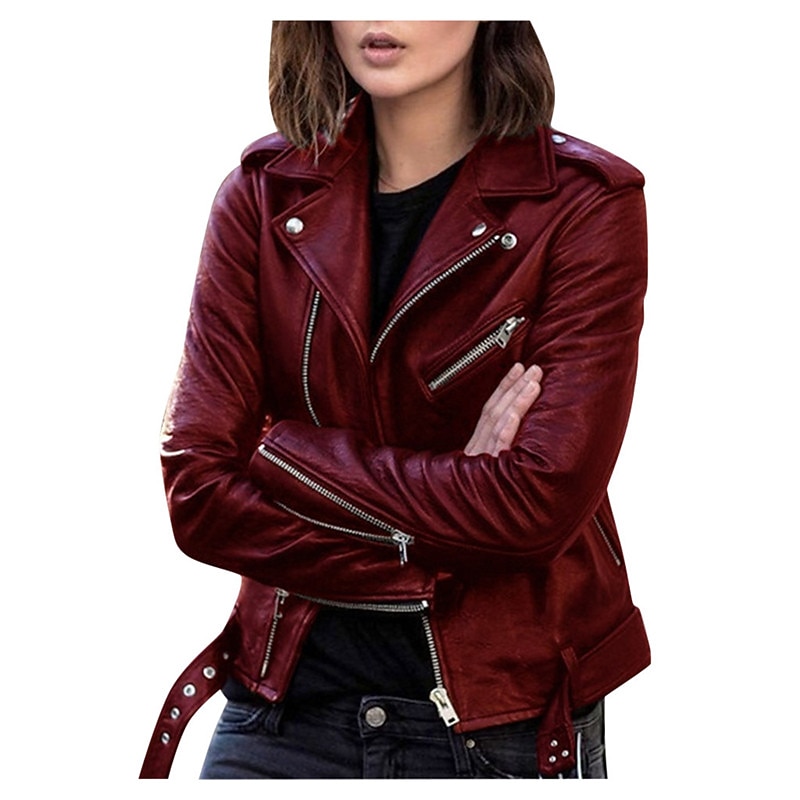 Women's Faux Leather Jacket Jacket Comfortable Pocket Full Zip Casual Solid Color Street Daily Zipper Short Regular Turndown Regular Fit Long Sleeve Outerwear Black Wine Blue Fall Winter2