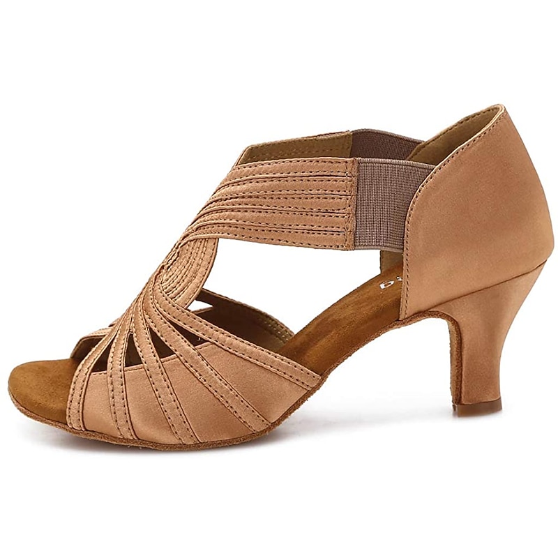 Women's Tan Strappy Latin Dance Shoes – Peep-Toe High Heel Ballroom Sandals with Elastic Straps for Salsa, Tango & Performance2