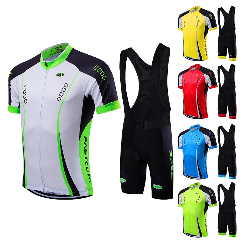 Fastcute Men's Unisex Cycling Jersey with Bib Shorts Short Sleeve Mountain Bike MTB Road Bike Cycling Yellow Light Green Red Fashion Bike Jersey Bib Tights Clothing Suit Breathable Quick Dry Back