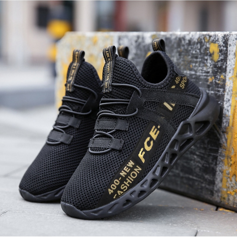 Kids' Black Breathable Mesh Running Sneakers with Lace-Up Design and Bold Letter Print - Comfortable Athletic Shoes for Boys