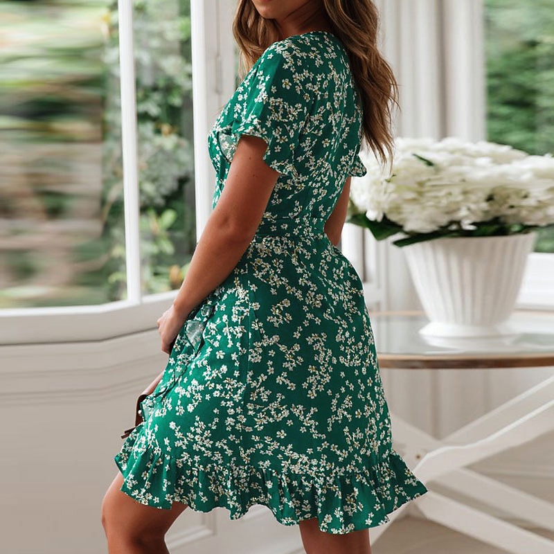 Women's Mini Dress Emerald Green Dress Wrap Dress Stylish Basic Romantic Vacation Daily Date Regular Fit Floral Short Sleeve V Neck Navy Blue Green Summer Spring3