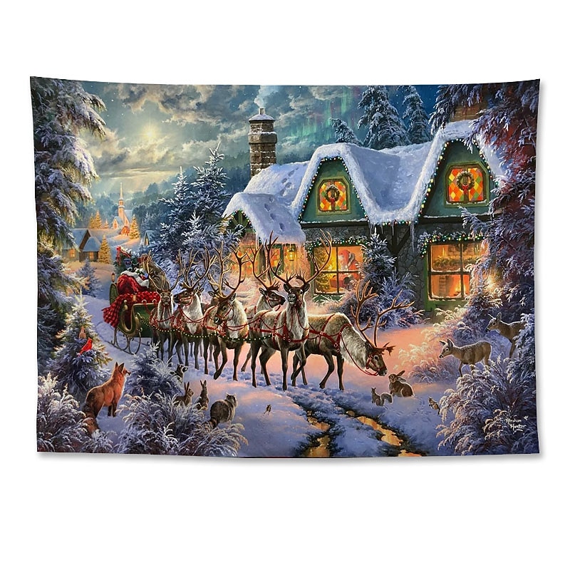Wall Tapestry Winter Wonderland Reindeer Art Decor Photography Background Hanging Bedroom Living Room Decoration Tree Snowflake Candle Gift Fireplace4