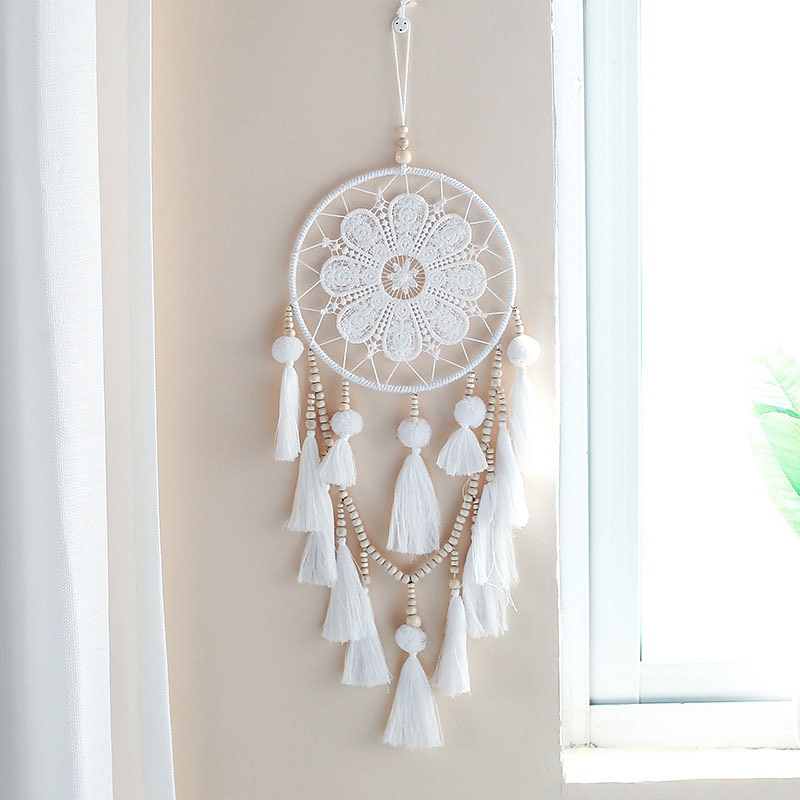 White Dream Catcher Handmade Gift with One-ring Feather Wall Hanging Decor Art Wind Chimes Boho Style Home Decor4