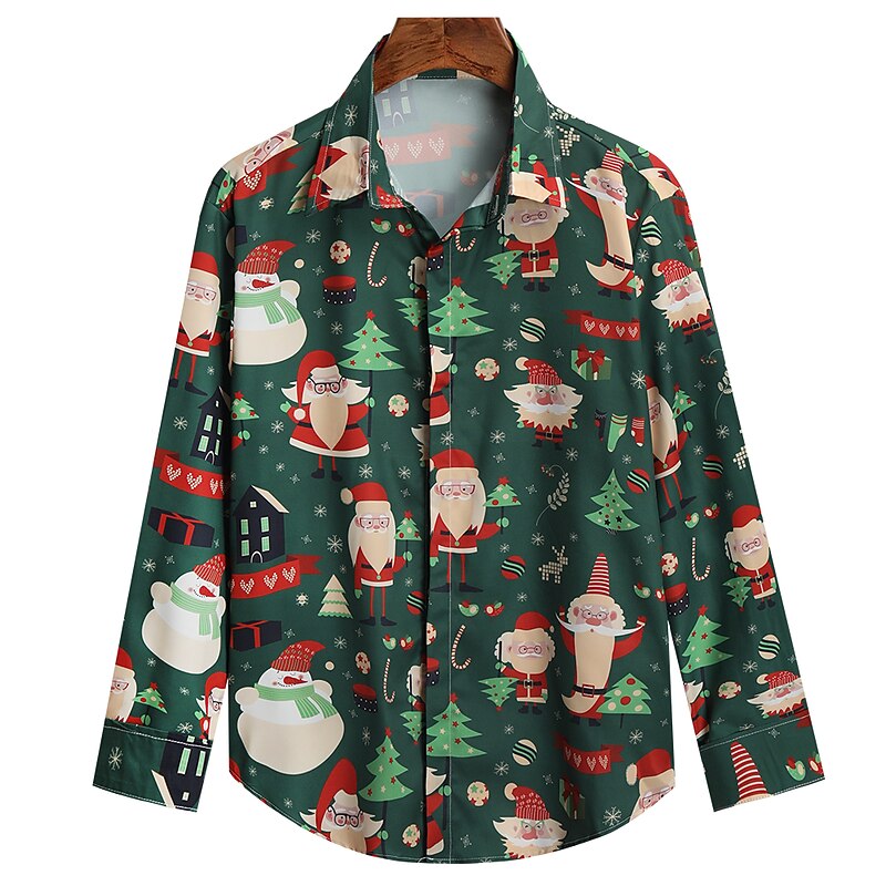 Christmas Men's Santa Claus Printed Shirts Shirts Tree Santa Claus Holiday Classic Collar Green Army Green Red White Casual Long Sleeve Print Clothing Apparel Fashion Ethnic Style Business4