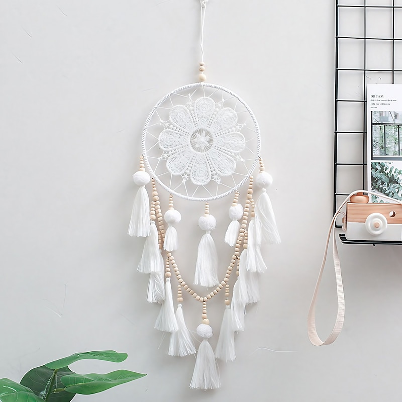 White Dream Catcher Handmade Gift with One-ring Feather Wall Hanging Decor Art Wind Chimes Boho Style Home Decor