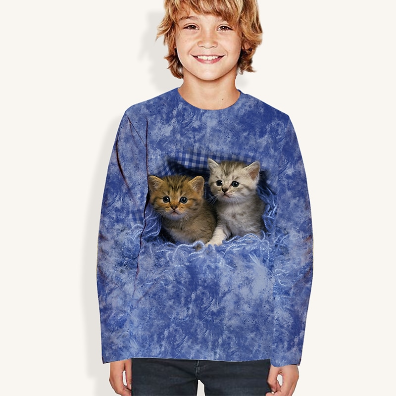 Kids Cat 3D Print T shirt Tee Long Sleeve Blue Gray Animal Print School Daily Wear Active 4-12 Years / Fall3