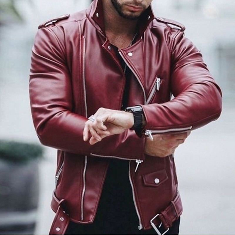 Men's Faux Leather Jacket Transition Jacket Jacket Biker Jacket Outdoor Street Thermal Warm Windproof Pocket Spring Fall Solid Color Streetwear Sporty Turndown Regular Faux Leather Regular Fit Black