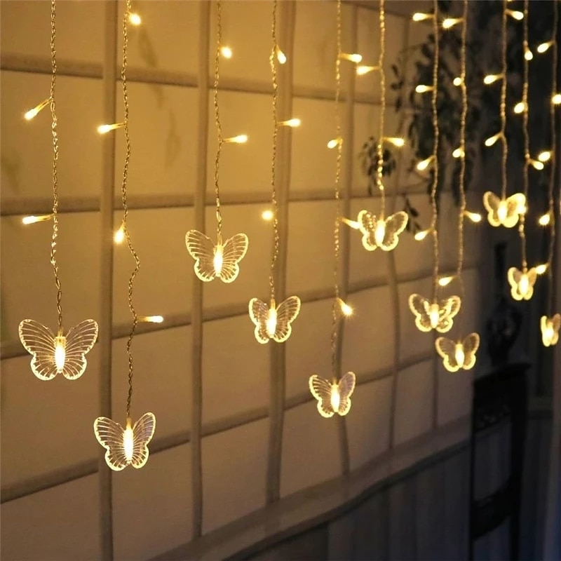 LED Christmas Fairy Light Butterfly Curtain String Lights 3.5M 96LEDs New Year Holiday Wedding Valentine's Day Living Room Bedroom Store Decoration 220V EU Plug Curtain Lights2