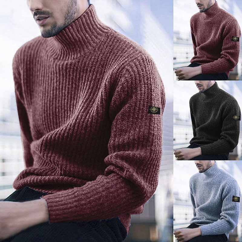 Men's Sweater Turtleneck Sweater Pullover Cable Knit Knitted Solid Color Turtleneck Stylish Outdoor Home Clothing Apparel Winter Black Wine S M L4