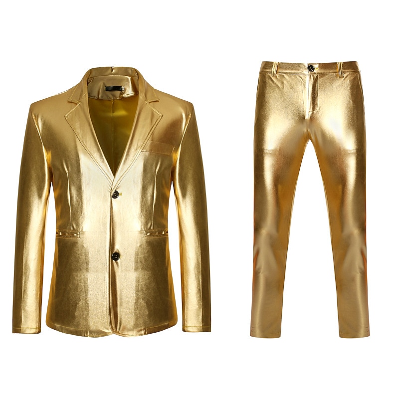 Disco 1980s Pants Suits & Blazers Lapel Collar Blazer Shiny Metallic Solid Color Turndown Fancy Dress Men's Carnival Costume Christmas Halloween Carnival Party Club Pride Parade Adults' Tuxedo Spring2