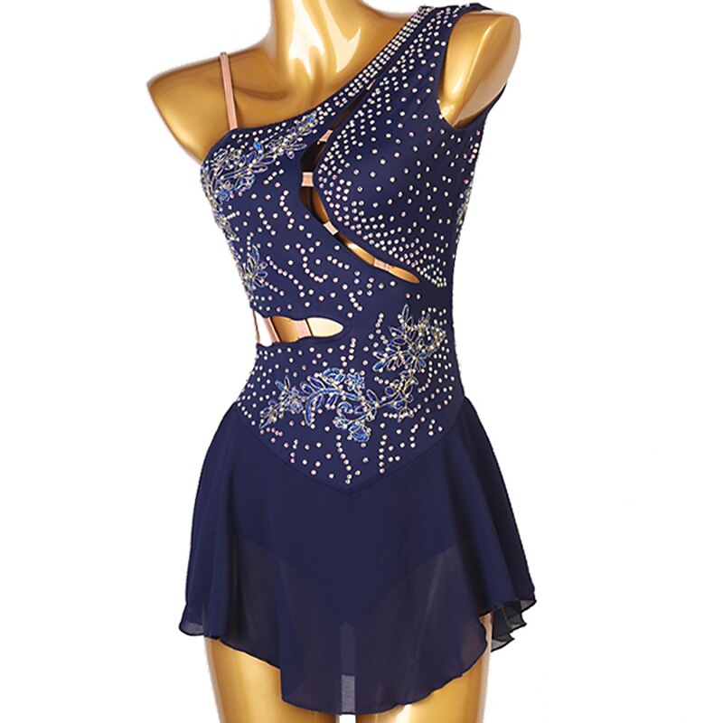 Figure Skating Dress Women's Girls' Ice Skating Dress Outfits White Dark Navy Red Flower Open Back Mesh Spandex High Elasticity Professional Competition Skating Wear Handmade Classic Crystal3