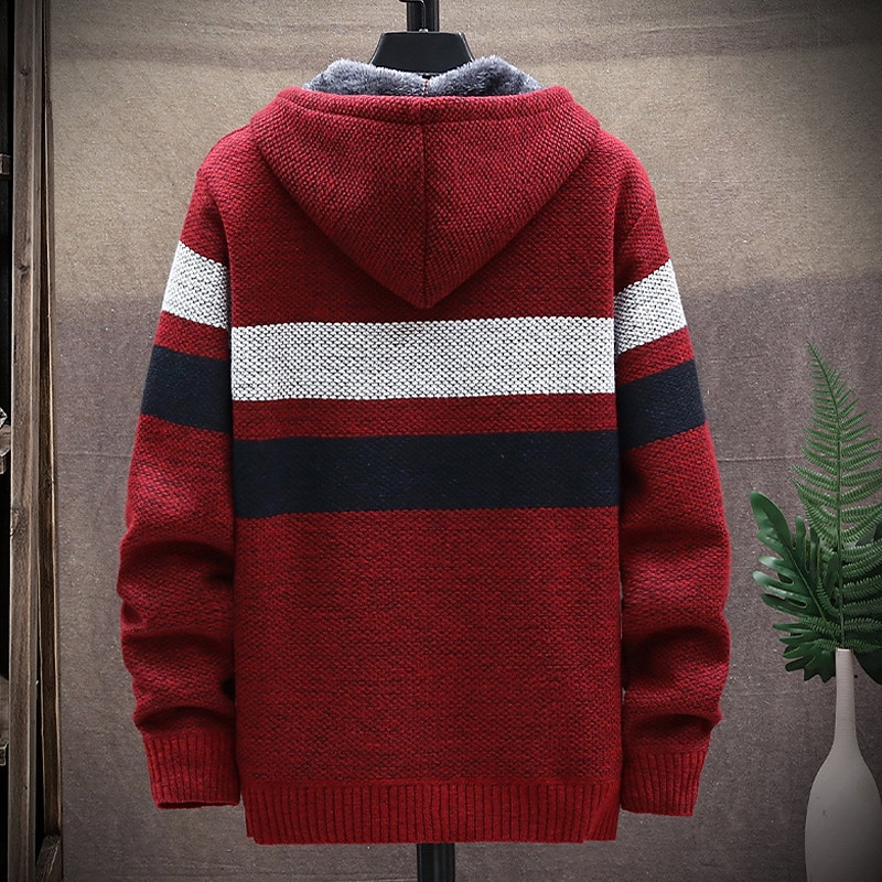 Men's Sweater Cardigan Sweater Hoodie Zip Sweater Sweater Jacket Knit Knitted Color Block Hooded Stylish Outdoor Home Clothing Apparel Fall Winter Wine Navy Blue S M L2