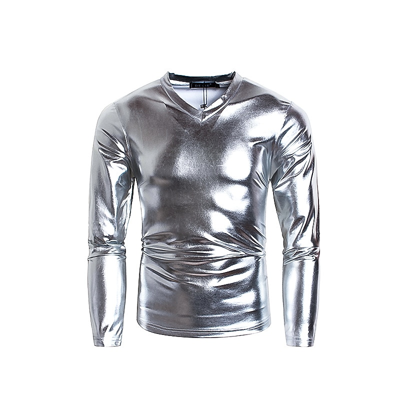 Men's T Shirt Long Sleeve Shirt Long Sleeve V Neck Spring &  Fall Plain Lightweight Slim Fit Big and Tall Vacation Casual Holiday Silver Black Gold Top Tee for Men3