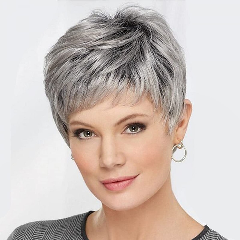 Gray Wigs for Women Temperament Oblique Bangs Texture Fluffy Short Hair Black Gradient Silver Middle-Aged Wigs Natural Hair