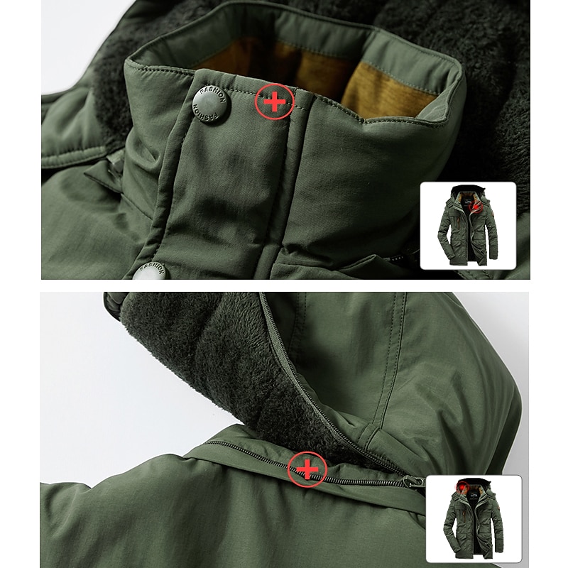 Men's Hiking Fleece Jacket Winter Jacket Thick Warm Hooded Parka Military Windbreaker Outdoor Detachable Cap Black Trench Coat Outerwear Hunting Ski Snowboard Camping Caving Army Green Khaki Blue4