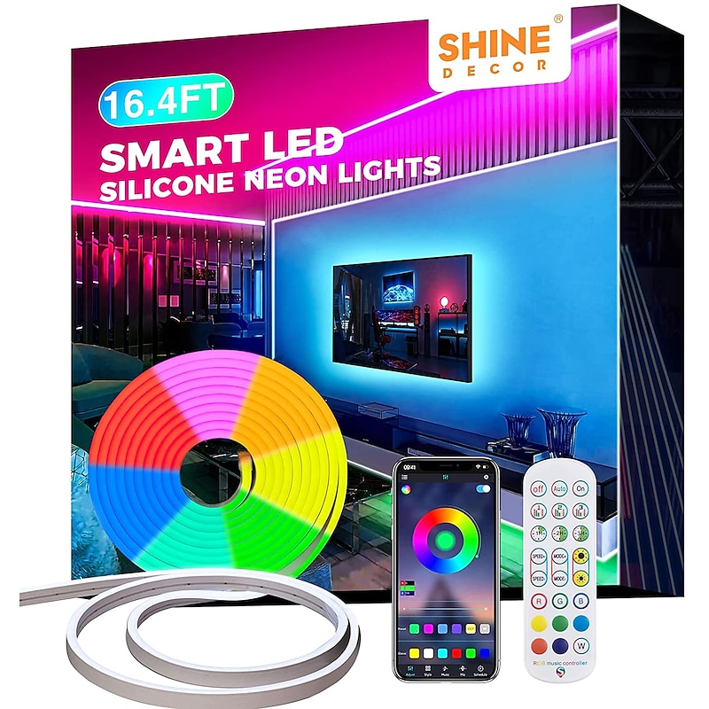 RGB Waterproof Smart Neon Rope Light Kit, Silicone LED Strip Lights 3M, 5M, or 2x5M Bluetooth App Control, Dimmable, Music Sync, Multi-Color, DIY Cuttable2