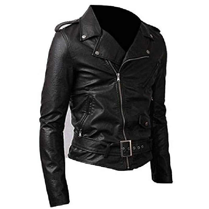 Men's PU Leather Jacket Faux Leather Coat Motorcycle Biker Belted Rider Fashion Style  Winter Casual Daily Outdoor Work Black Warm Outwear Tops Zip Pocket3