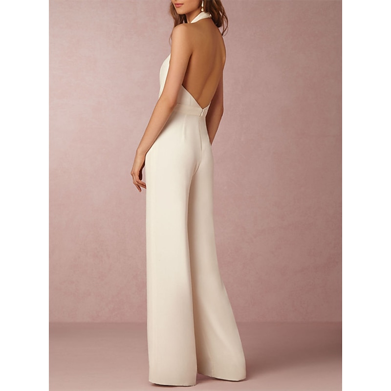 Hall Sexy Casual Wedding Dresses Tuxedo Dress Jumpsuits Halter Neck Sleeveless Floor Length Satin Bridal Gowns With Pleats2