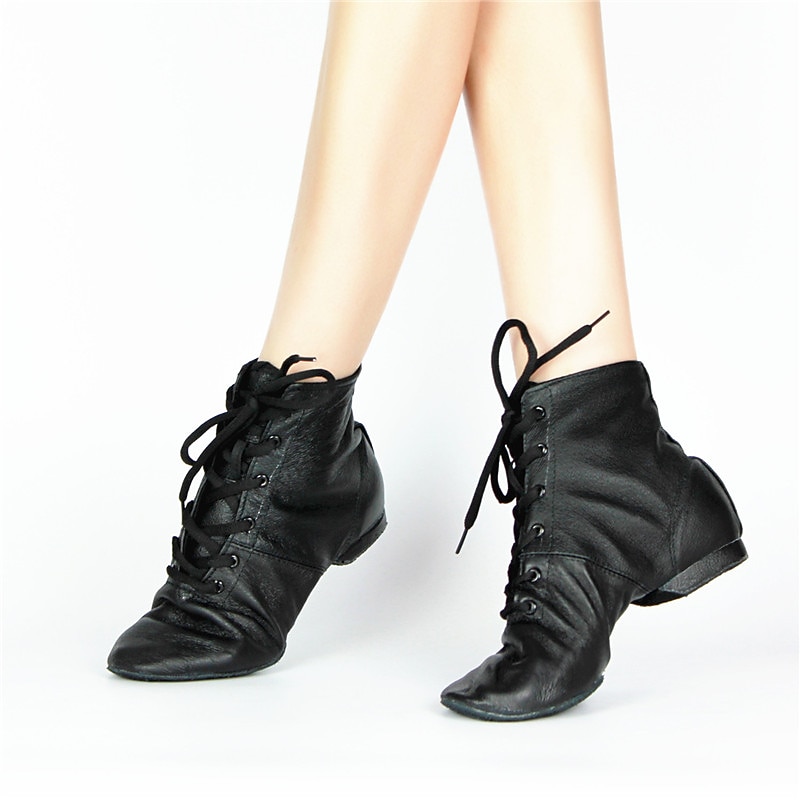 Women's Black Genuine Leather Jazz Dance Boots, Lace - Up Split Sole Dance Shoes for Flexible Performances4