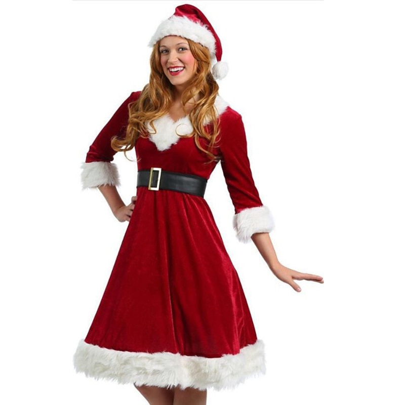 Santa Suit Santa Claus Mrs.Claus Cosplay Costume Outfits Christmas Dress Santa Clothes Women's Christmas Special Cosplay Costume Adults' Christmas Carnival Masquerade Christmas Dress Belt Hat