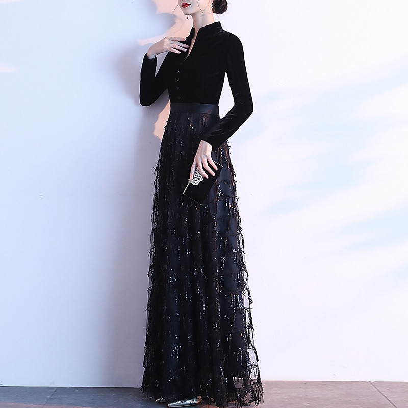 A-Line Evening Gown Elegant Dress Wedding Guest Prom Floor Length Long Sleeve Queen Anne Sequined with Sash / Ribbon Sequin3