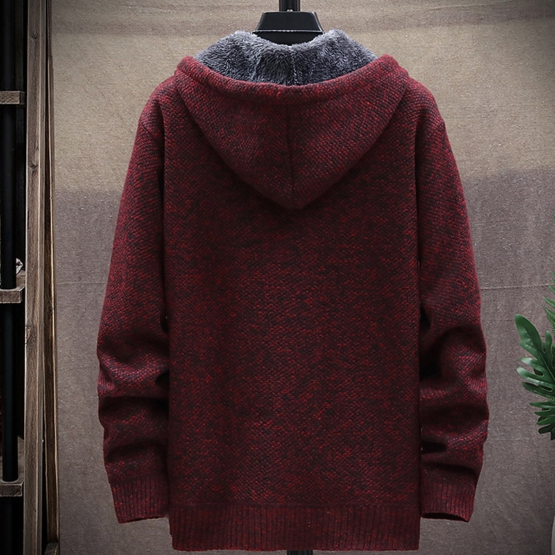 Men's Sweater Cardigan Knit Knitted Solid Color Hooded Stylish Outdoor Home Clothing Apparel Fall Winter Wine Blue S M L4