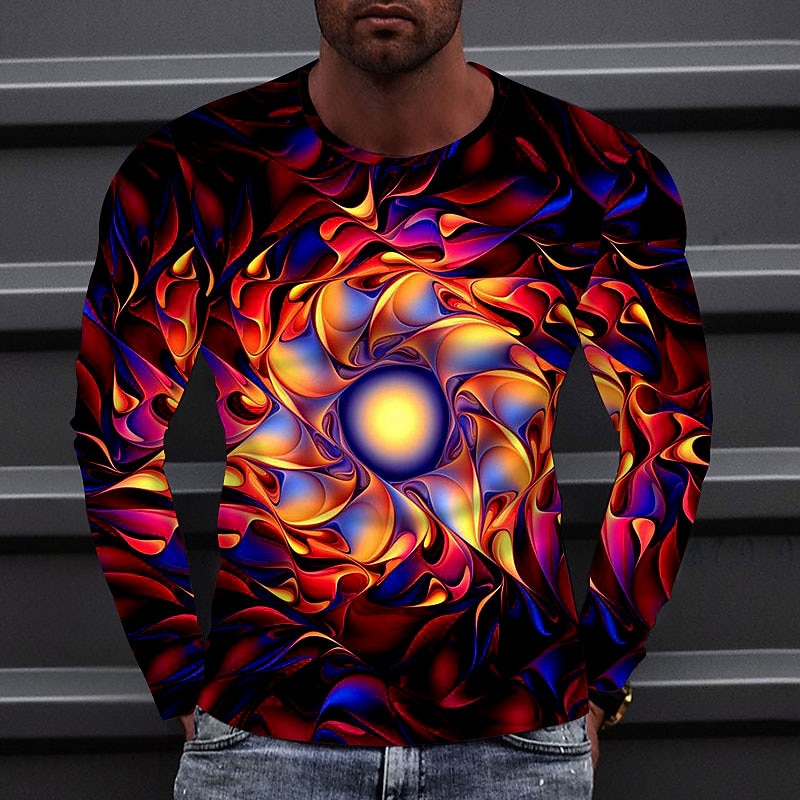 Men's Colorful Graphic Circle T Shirt Tee Long Sleeve T shirt 3D Print Round Neck Shirt Fashion Designer Casual Casual Daily Weekend Red Spring &  Fall Cross-Seasons Clothing Apparel Normal S M L XL